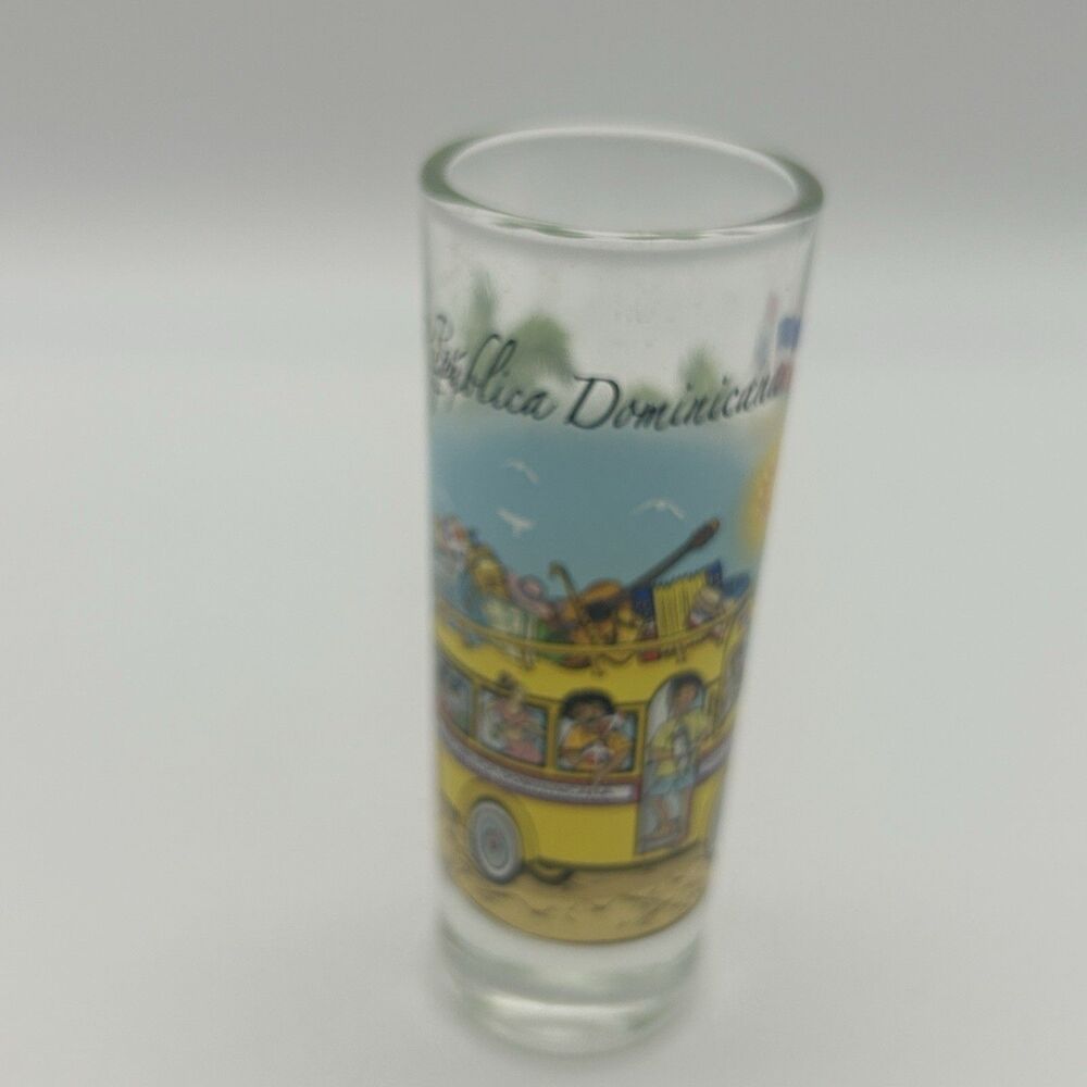 Republica Dominicana Souvenir Tall Shot Glass Hand Painted Bus Scene Dominican